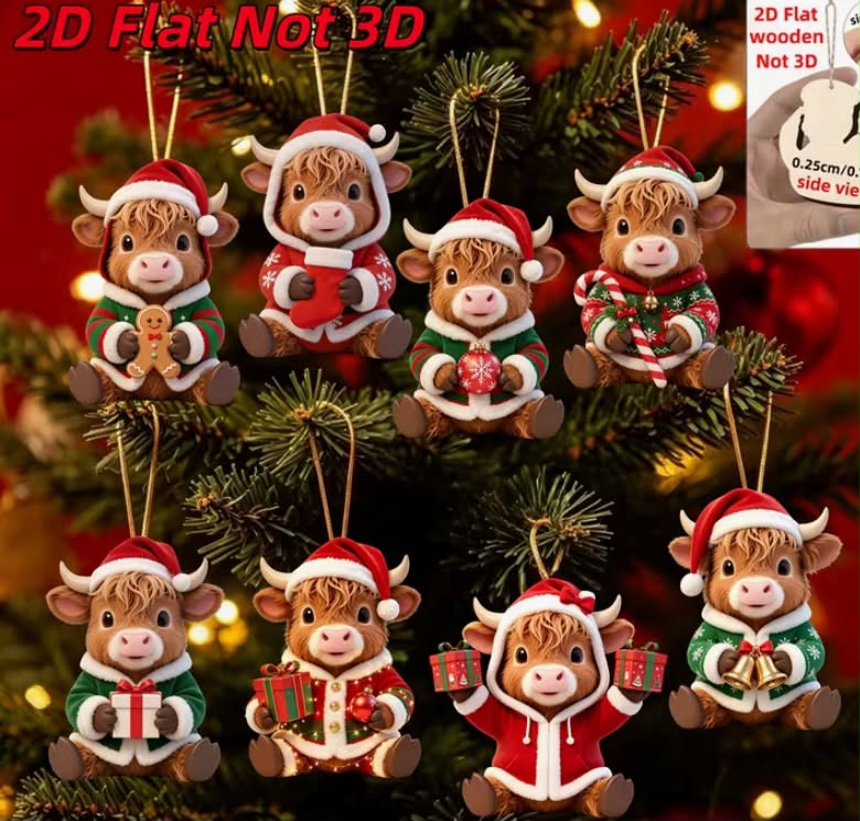8pcs Set of Christmas Highland Cow Wooden Ornaments, Highland Cows Wearing Different Christmas Outfits,
