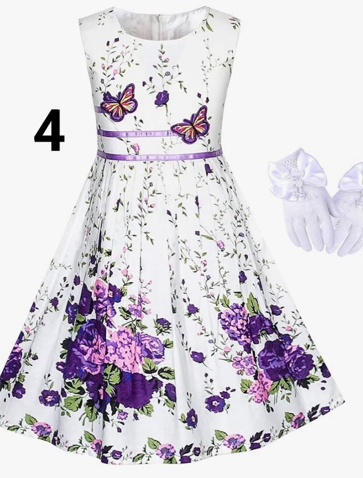 Girls Dress Purple Rose Flower Double Bow Tie Party Kids Sundress