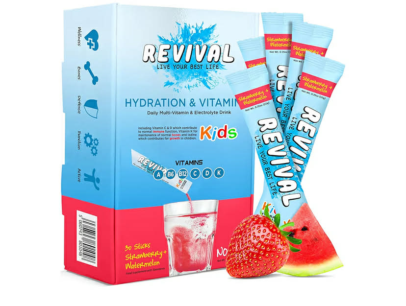 Revival Kids Hydration Vitamin Drink - Electrolyte Squash with Vitamins D, A, C, K, B6, B12 - Immunity, Growth, Development Strawberry & Watermelon 6 Pack