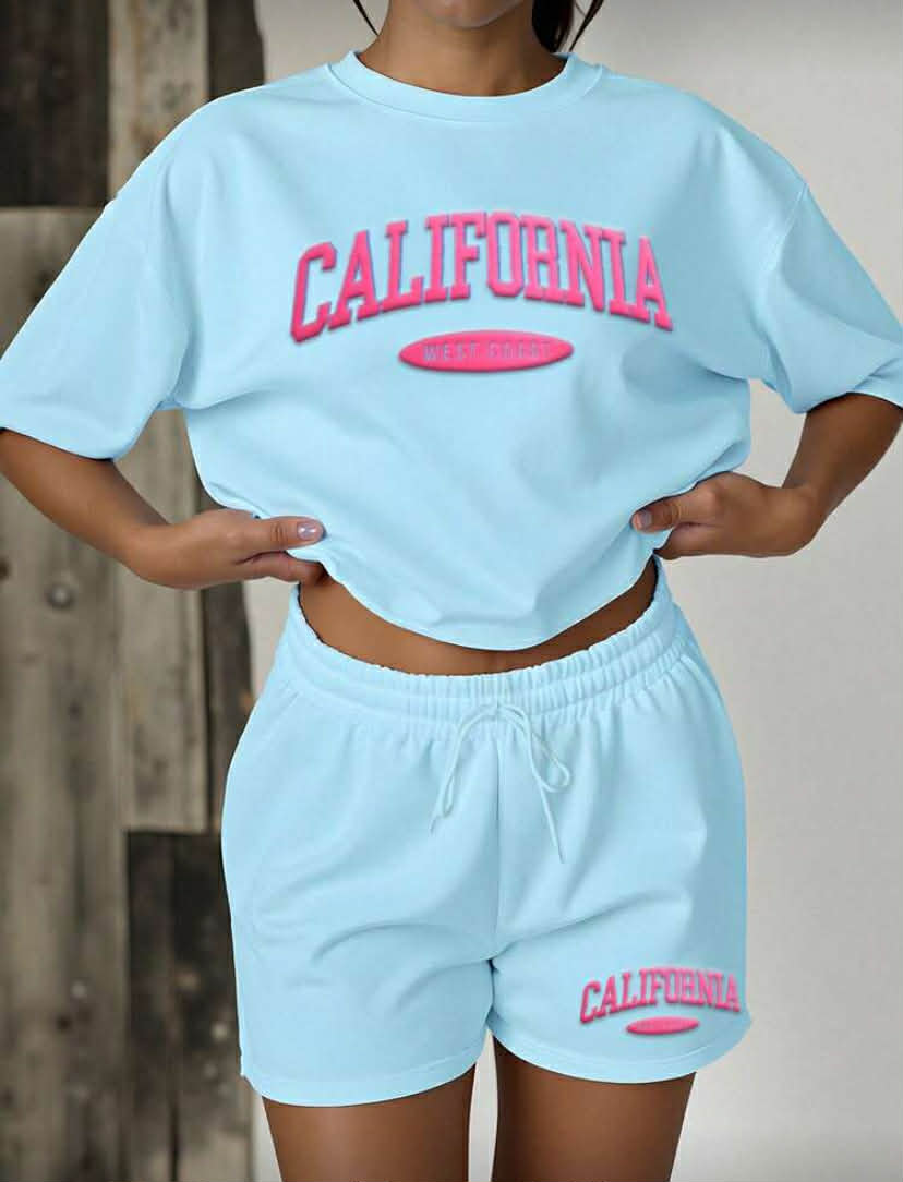 Women Casual Fashion Simple Daily Solid Color Letter Pattern Loose T-Shirt And Shorts 2 Pieces Set