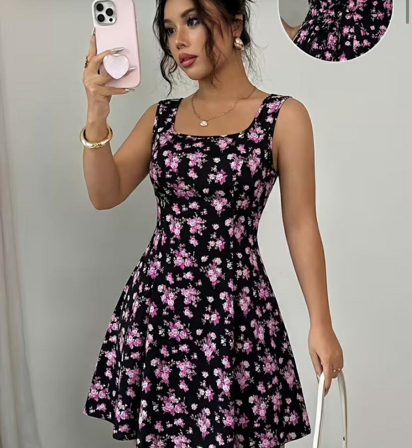 Summer New Women'S Sleeveless Square Neck Tie-Front A-Line Floral Mini Dress