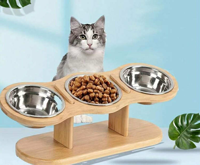15° Tilted Elevated Cat Bowl, Anti-Vomiting Design, Adjustable Wooden Stand For Dog Bowls, 3 Stainless Steel Bowls, Suitable For Cats And Small Dogs