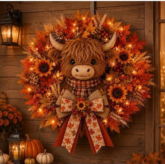 Cute Autumn Highland Cow Wreath Decoration with Lights,Cow Head Door Hanging