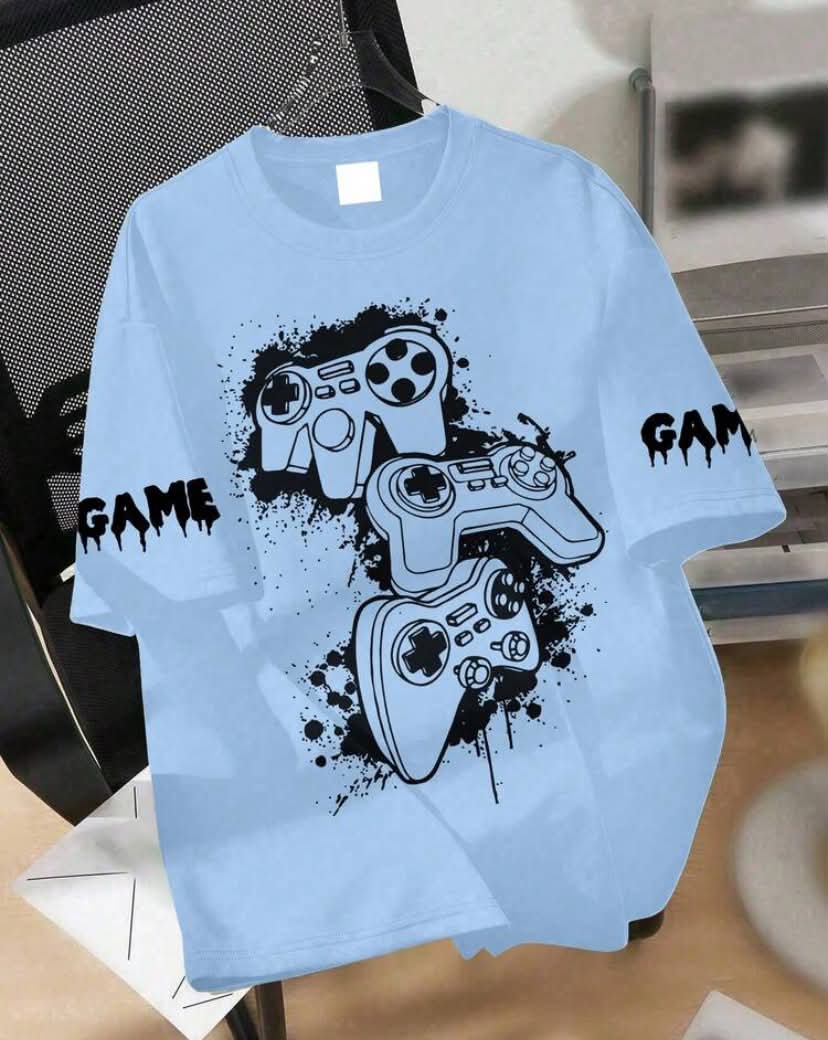 Teen Boy Loose Fit Printed T-Shirt, Splatter Paint Game Controller Pattern, "GAME" Drip Ink Slogan On Sleeves,