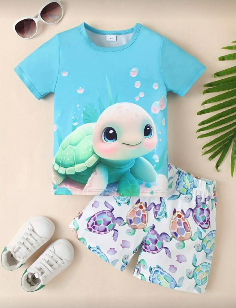 2 pcs Young Girl Casual Cute 3D Turtle Printed Short Sleeve T-Shirt And Shorts Set, Summer