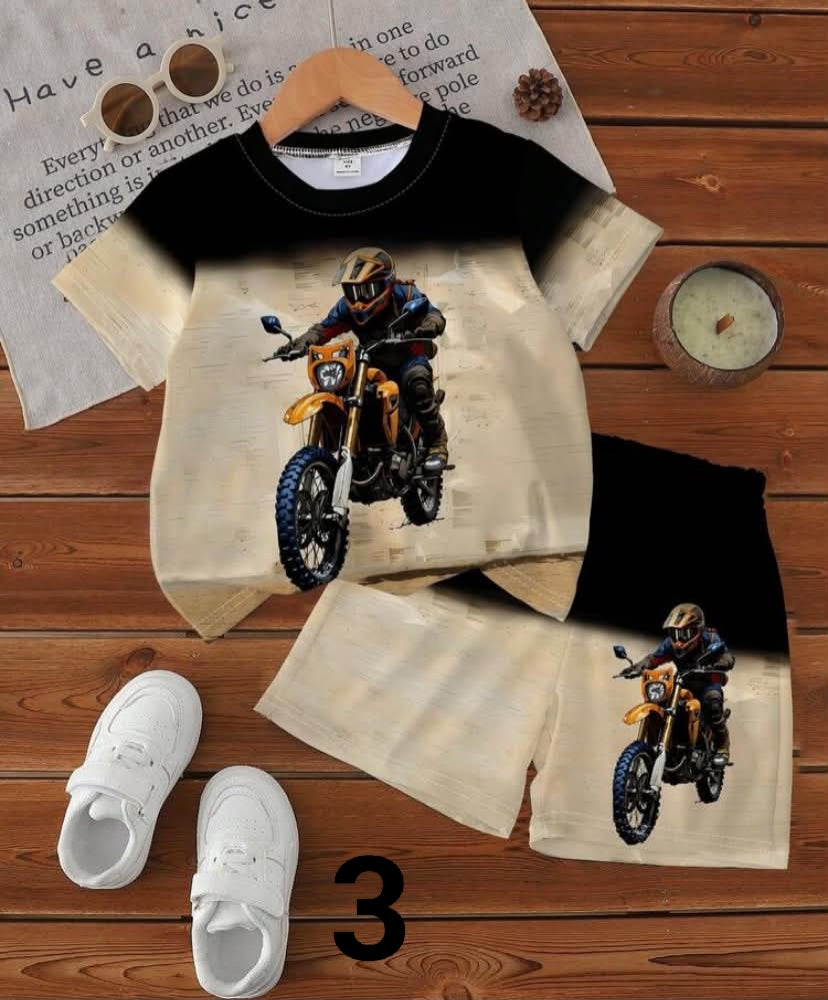 Young Boy Summer Casual Tie-Dye Cartoon Car Graphic Round Neck Short Sleeve T-Shirt And Shorts Set Young Boys 2 Piece