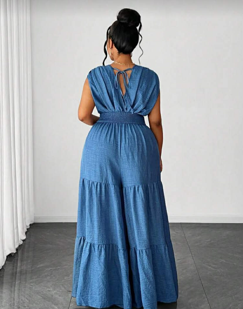 Denim Shirred Crossover Waist Design With Drawstring, Bowknot Back, Multi-Layer Ruffle Hem,