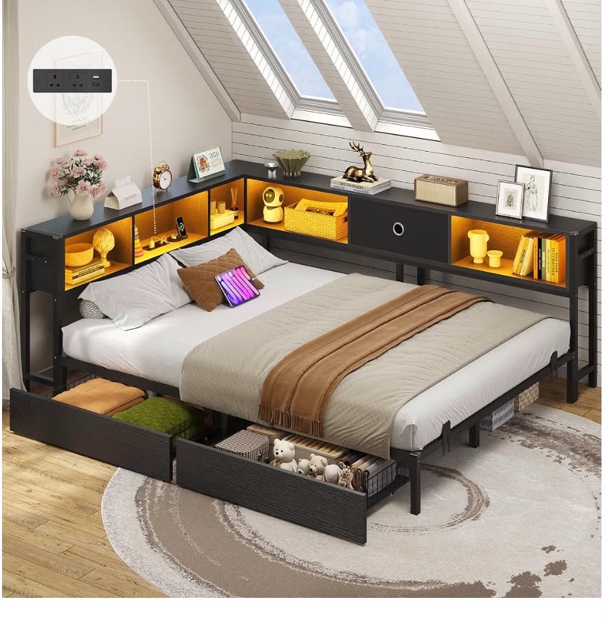 DICTAC 5ft King Size Bed 150x200 with 2 Storage Drawers, King Storage bed with LED Lights & Charging Station, Day Bed with Storage, Black LED Corner Bed – Space-Saving King Bed Frame, Modern