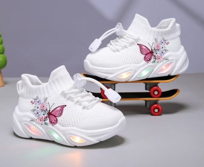 Butterfly Pattern Casual Running Shoes and with Glowing Sole, Adjustable Laces + Lantern Design + Collar+ Butterfly Print Breathable Leisure Sports, Running Footwear,