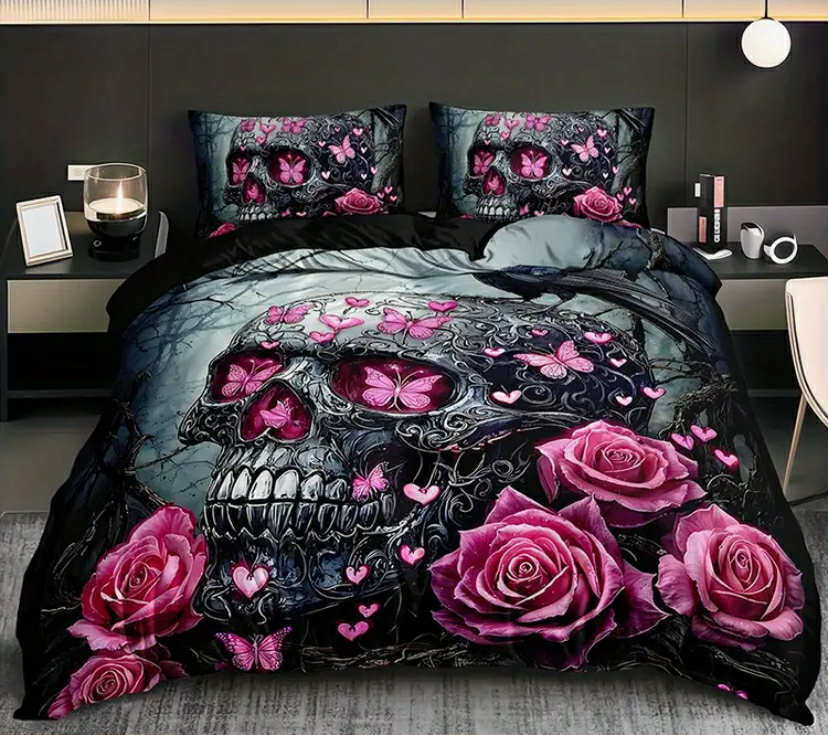 2/3pcs Dark Gothic Skull Rose Butterfly Print Duvet Cover Set