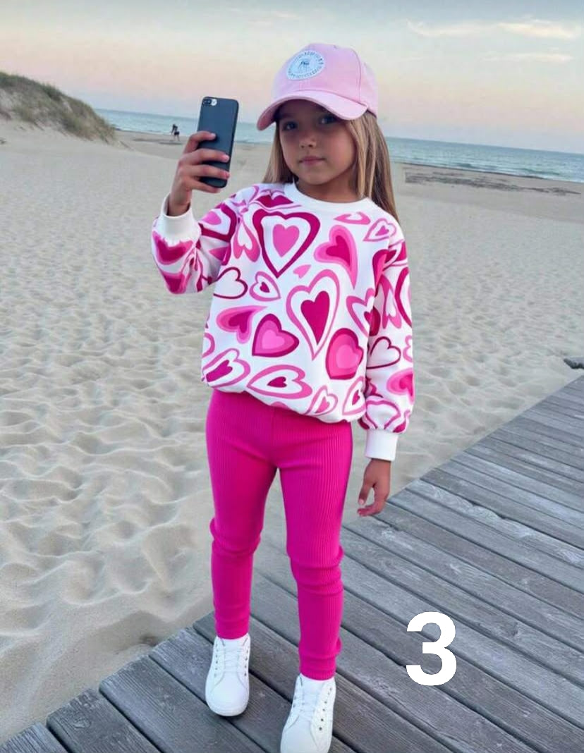 Sparklyn 2pcs/Set Girls Casual Heart Print Long Sleeve Top And Pink Pants Outfit