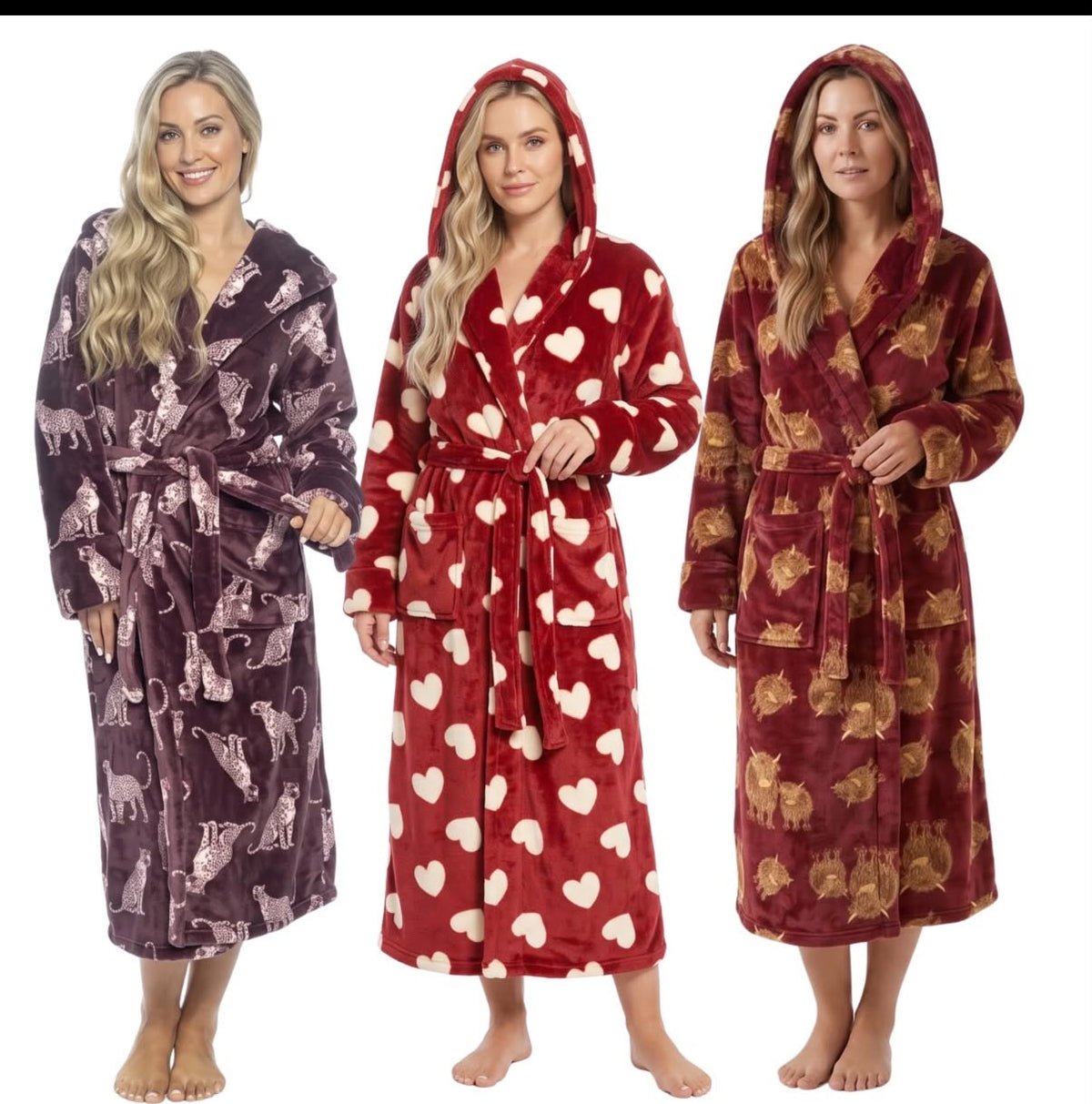 Ladies Fleece Dressing Gown Hooded Robe Soft Warm Wrap Bathrobe Loungewear