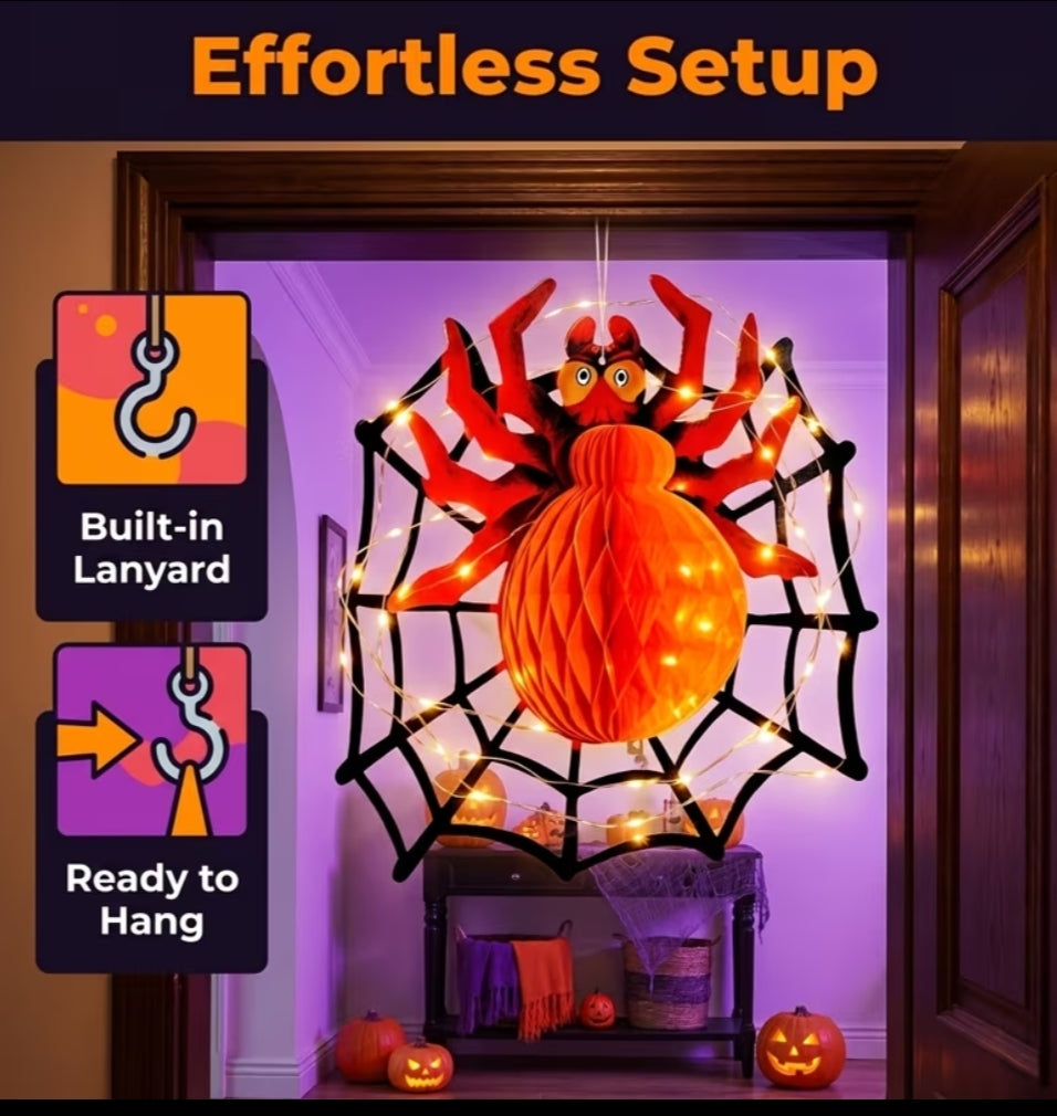 2 pcs LED String Lights Halloween Hanging Spider Decor, Three-Dimensional Spider Web Spider Honeycomb Hanging Ornament + LED String Lights, Orange Honeycomb Spider on Black Spider Web Decoration, Battery-Powered LED