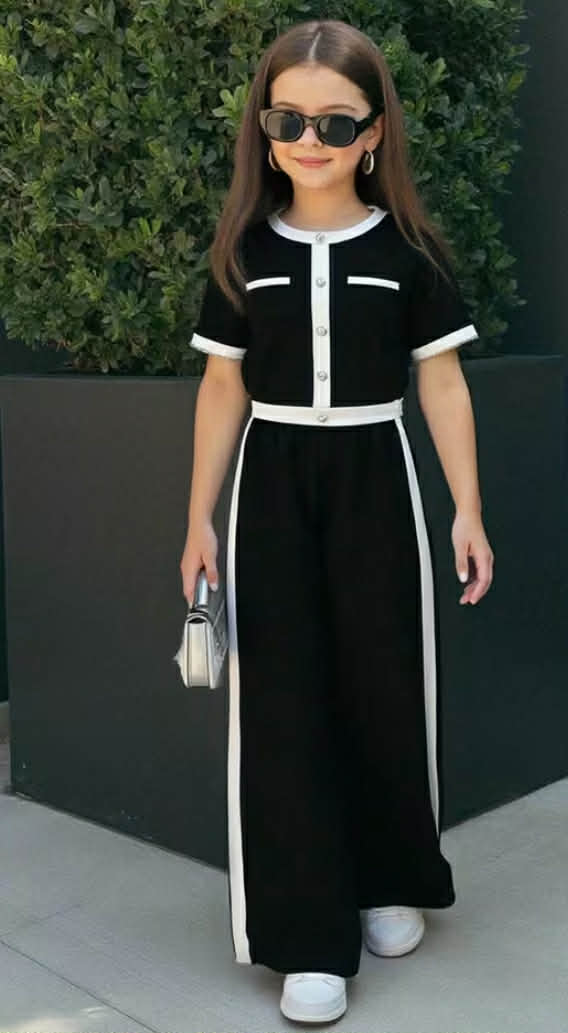 Girls' Summer Fashion Color-Block 2pcs Set: Casual Outerwear Short-Sleeve Top + Loose Long Pants, Perfect for Outdoor