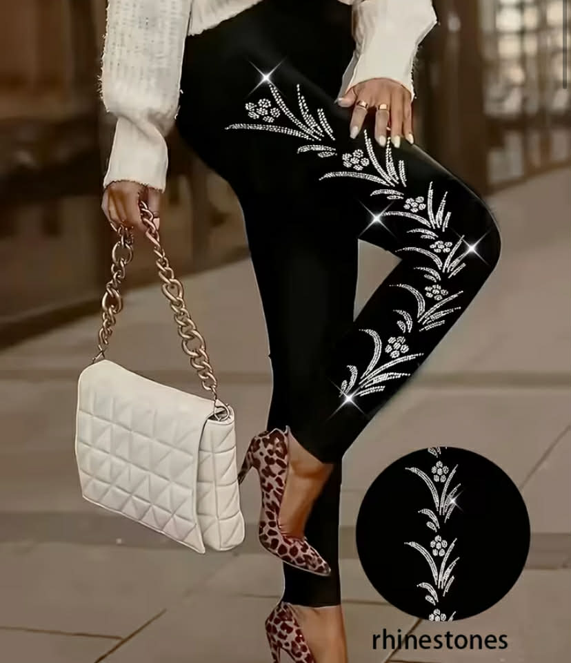 Oversized Rhinestone Pattern Tight Long Legs, Casual Everyday Stretch Long Legs, Women's Oversized Clothing