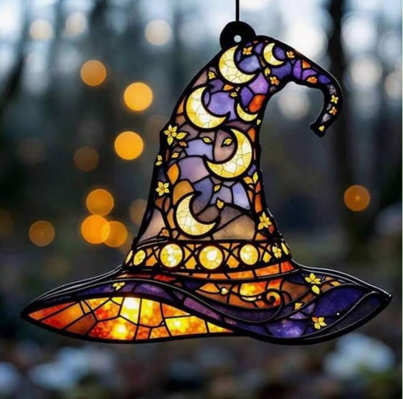 Acrylic Stained Glass Effect Witch Hat Suncatcher With Moon Star For Halloween Decor