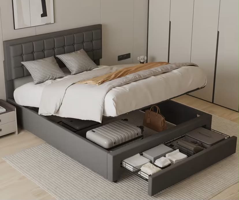 Double Size Ottoman Bed Hydraulic Lift Storage Bed Frame - PU Leather Upholstered, Modern Grey Wingback Headboard, Space-Saving 4TF6
With mattress