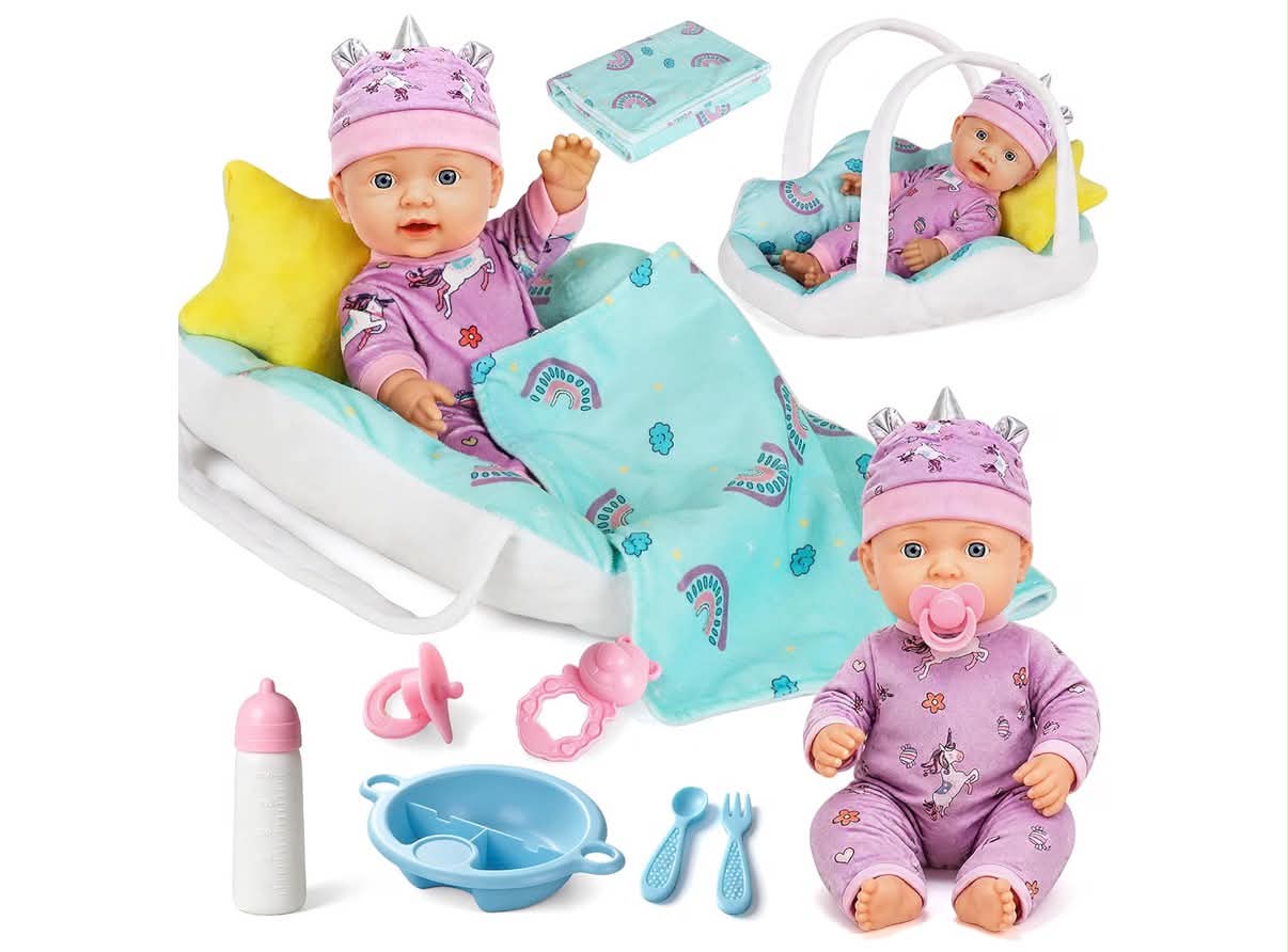 Lehoo Castle Baby Doll Set with Bassinet Bed, 12"/30cm, for Girls 1-3