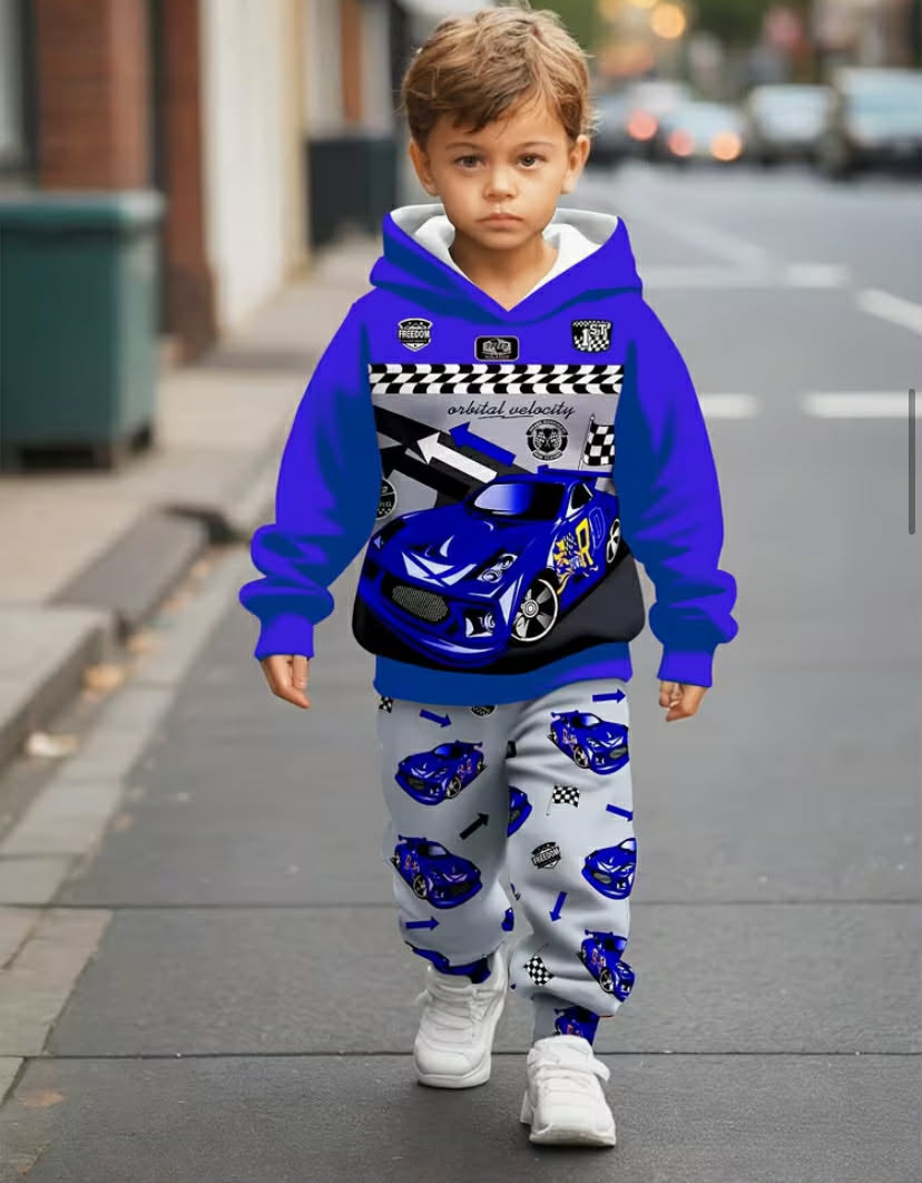 A Two-Piece Set for Boys Featuring a Car Pattern, Including a Hooded Sweatshirt And Long Pants,