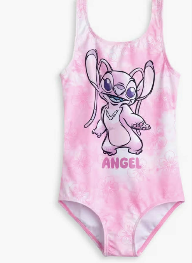 Disney Lilo & Stitch Girls Pink Angel Swimwear Floral 1 Piece Swimming Costume Sleeveless Beachwear for Kids Classic Scoop Neck Design Cartoon Character Swim Apparel -