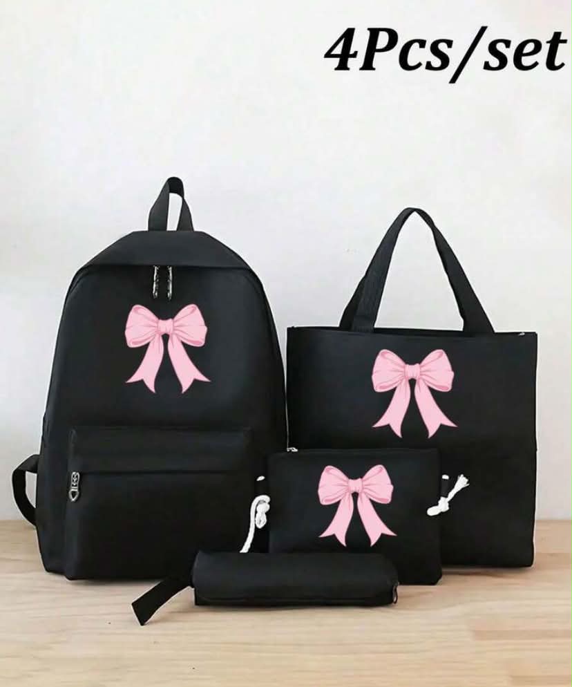 4pcs Set Bow Print Functional Simple Backpack Set School Bag Set, Fashion Backpack, Large Capacity Shoulder Bag, Portable Pencil Bag, Coin Purse, College Style Cartoon Casual Style,