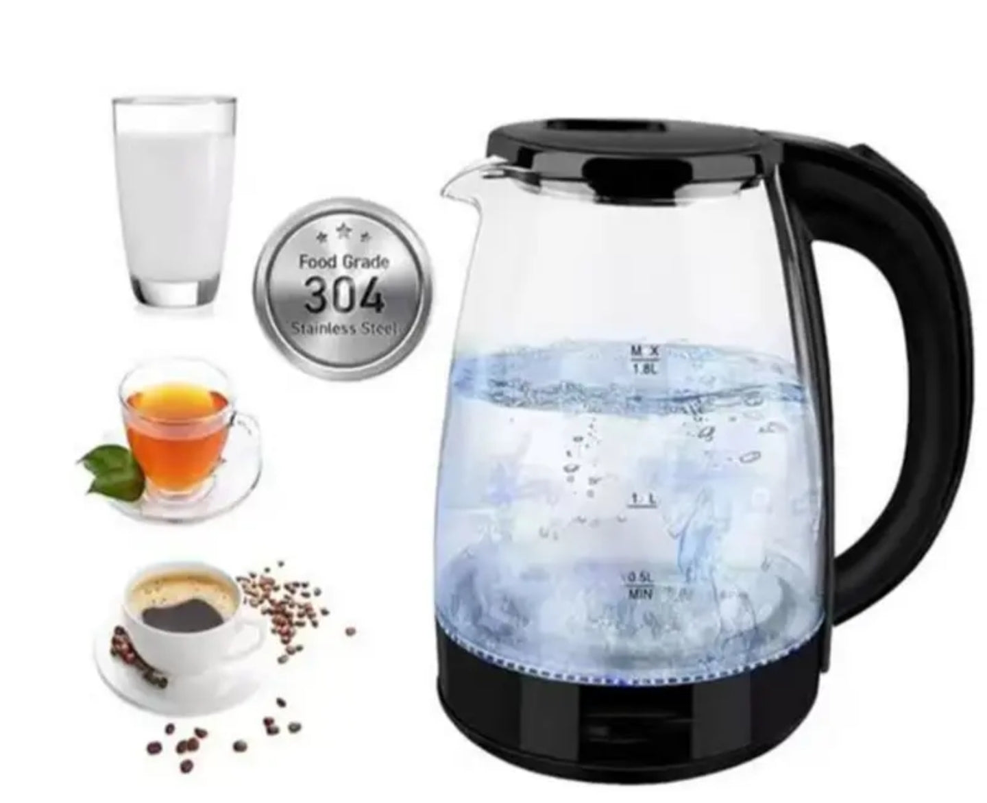 2L Electric Kettle Fast Heating Quiet Glass Design with Blue Light for Quick Tea Coffee and Everyday Hot Water Needs