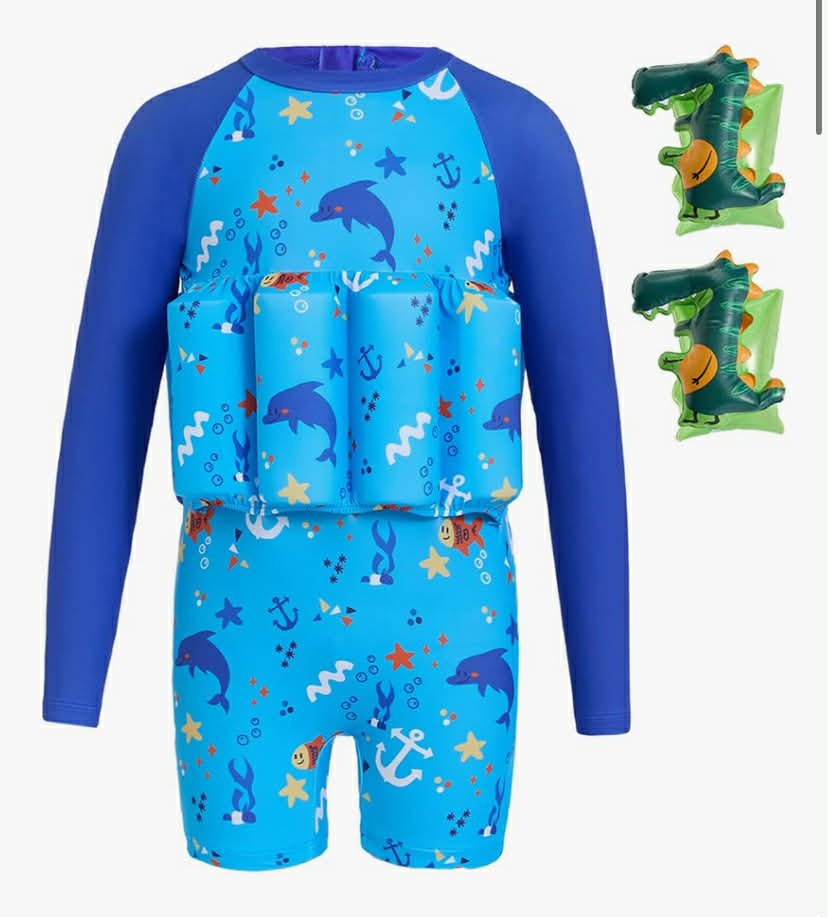 Gogokids Kids Float Swimsuit with Inflatable Armbands & 8 Removable Buoyancy Pads, UV 50+ Sun Protection Float Swim Vest, Back Zip Long Sleeve Swimwear for Pool & Beach