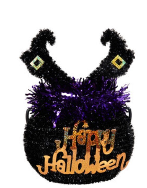 Happy Halloween Tinsel Legs Bucket - Black