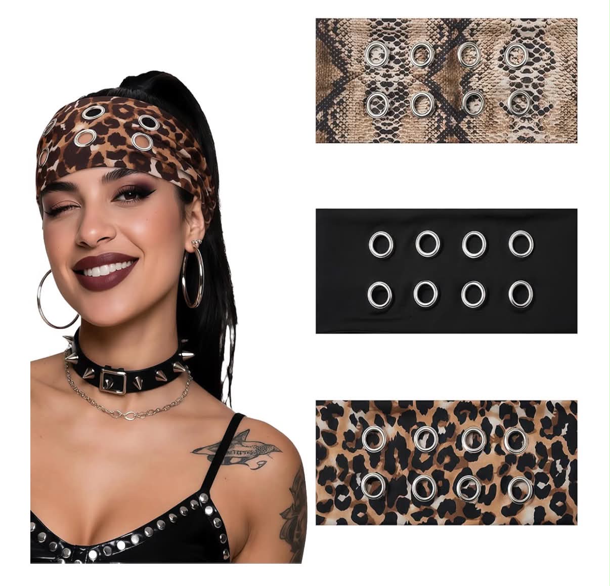 3 PCS Fashion Grommet Wide Headbands for Women, Hollow Out Eyelets Elastic Head Bands,