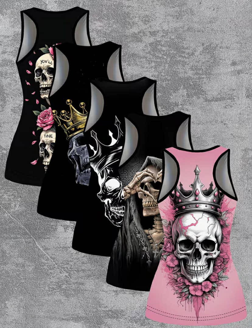 5 pcs Set of European And American Women'S Spring And Summer New Digital Craft Cool Skull And Skull Lover Pattern Printed Sleeveless Top in Plus Size.
