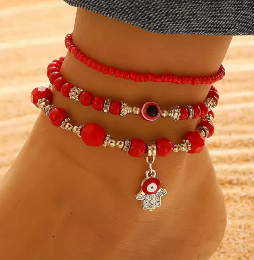 5pcs/Set Fashionable Exaggerated Devil's Eye Anklet Set, Elastic Beaded Anklet, Jewelry For Women, Suitable For Daily Outing, Beach Resort, Beach Party