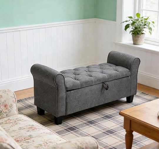 Linen Storage Bench with Armrests, Tufted Window Seat Bench, Grey Upholstered Storage Ottoman for Entryway, Living Room, Bedroom (Seating & Hidden Storage Space)