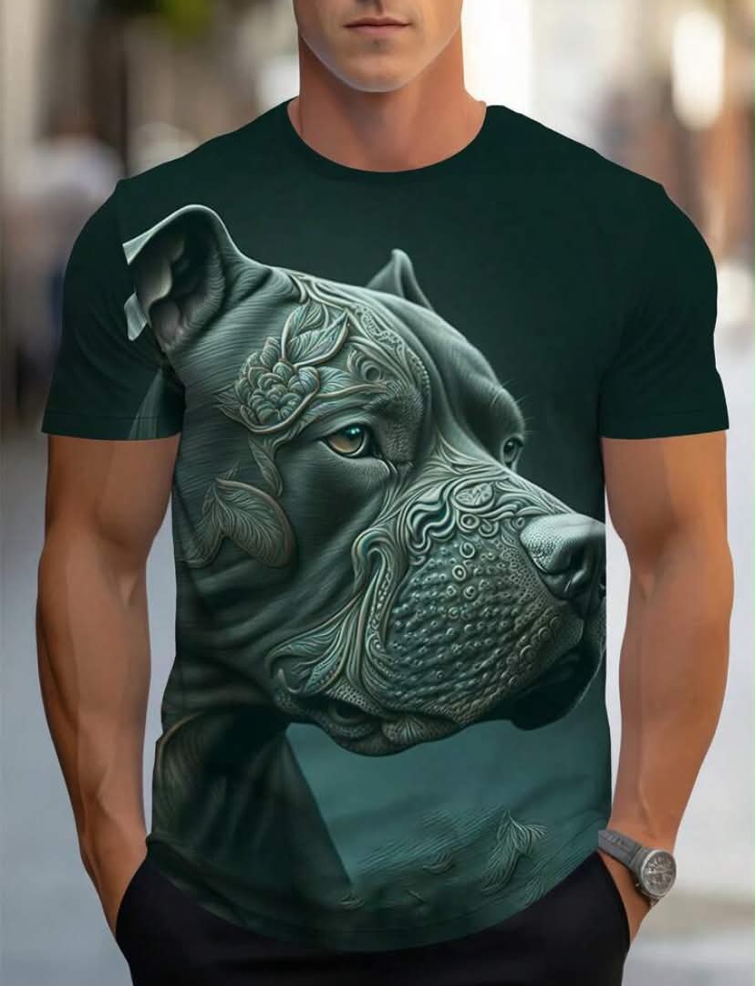 Casual Men's Elastic T-Shirt - Dog Print Round Neck Street Style T-Shirt, 100% Polyester, Lightweight & Breathable