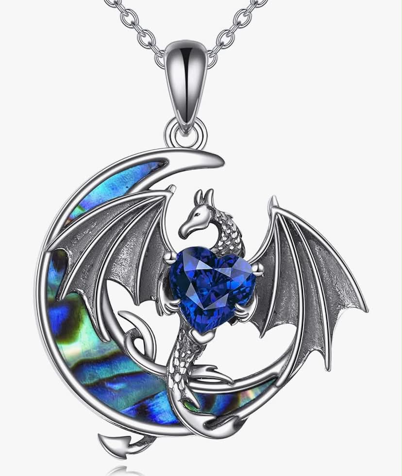 Dragon Necklace 925 Sterling Silver Heart Crystal Pendant Mythical Guardian
