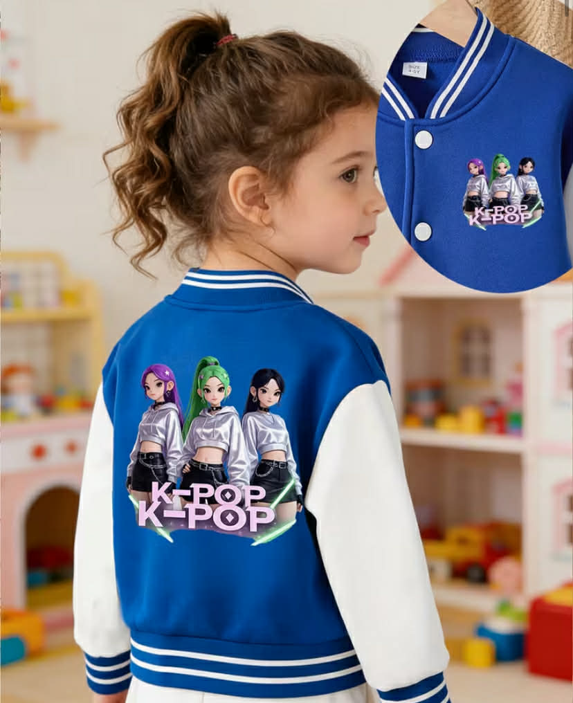 Girls' Fashionable Cropped Jacket with Colorful Hair-style K-pop Singer Print and Color-block Design