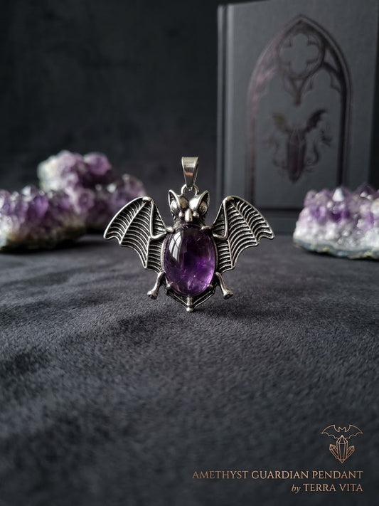Silver Bat Necklace with Polished Crystal Stone