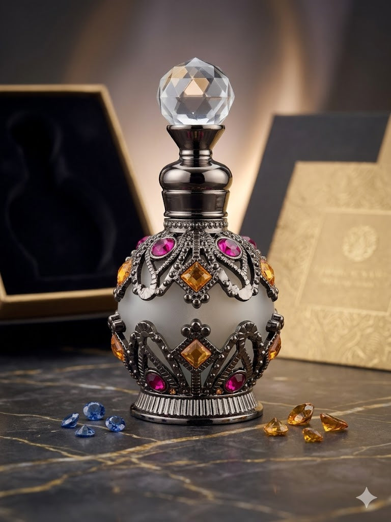 Round Antique Silver Jewelled Bottle with Yellow and Pink stones