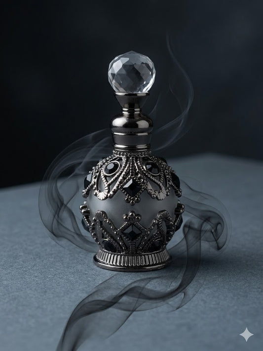 Round Silver Jewelled Perfume Bottle with Black stones