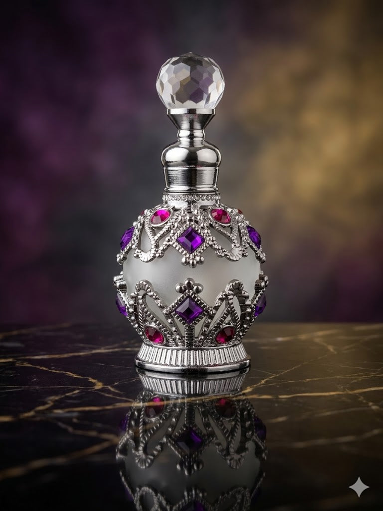 Round Silver Perfume Bottle with Purple and Pink stones
