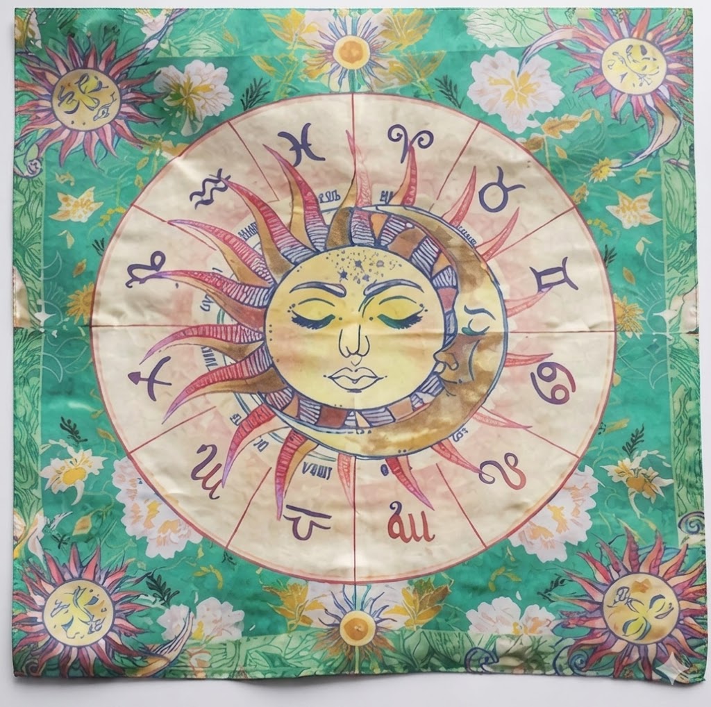 large tarot/wall cloth, green sun and moon