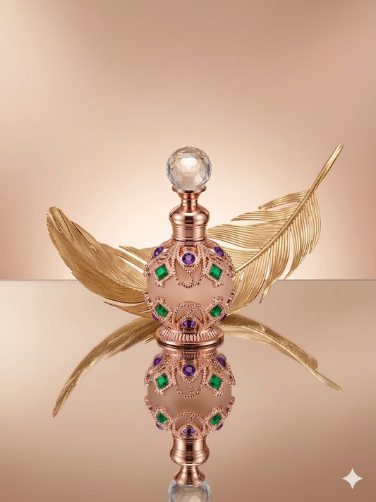 Round Rose Gold Jewelled Frosted Perfume Bottle with Green and Purple stones
