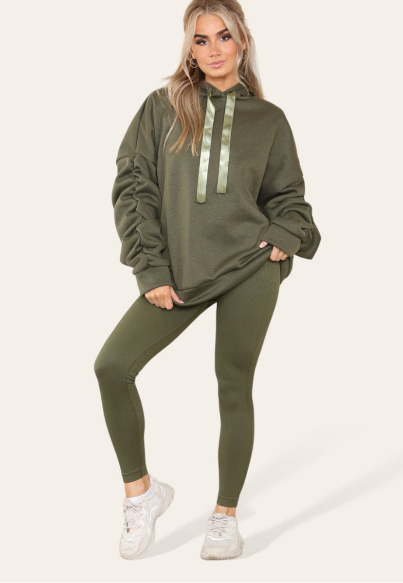 Oversized Ruched Sleeves Hoodie With Satin Ribbon