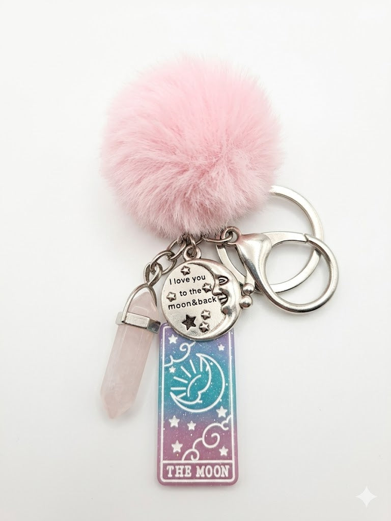 Pink Pom Pom and real rose quartz crystal keychain