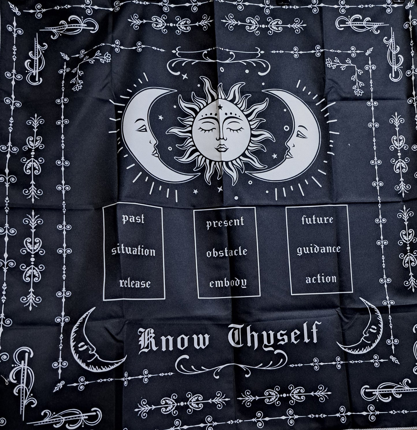 Large tarot/wall cloth, black with white sun and moon