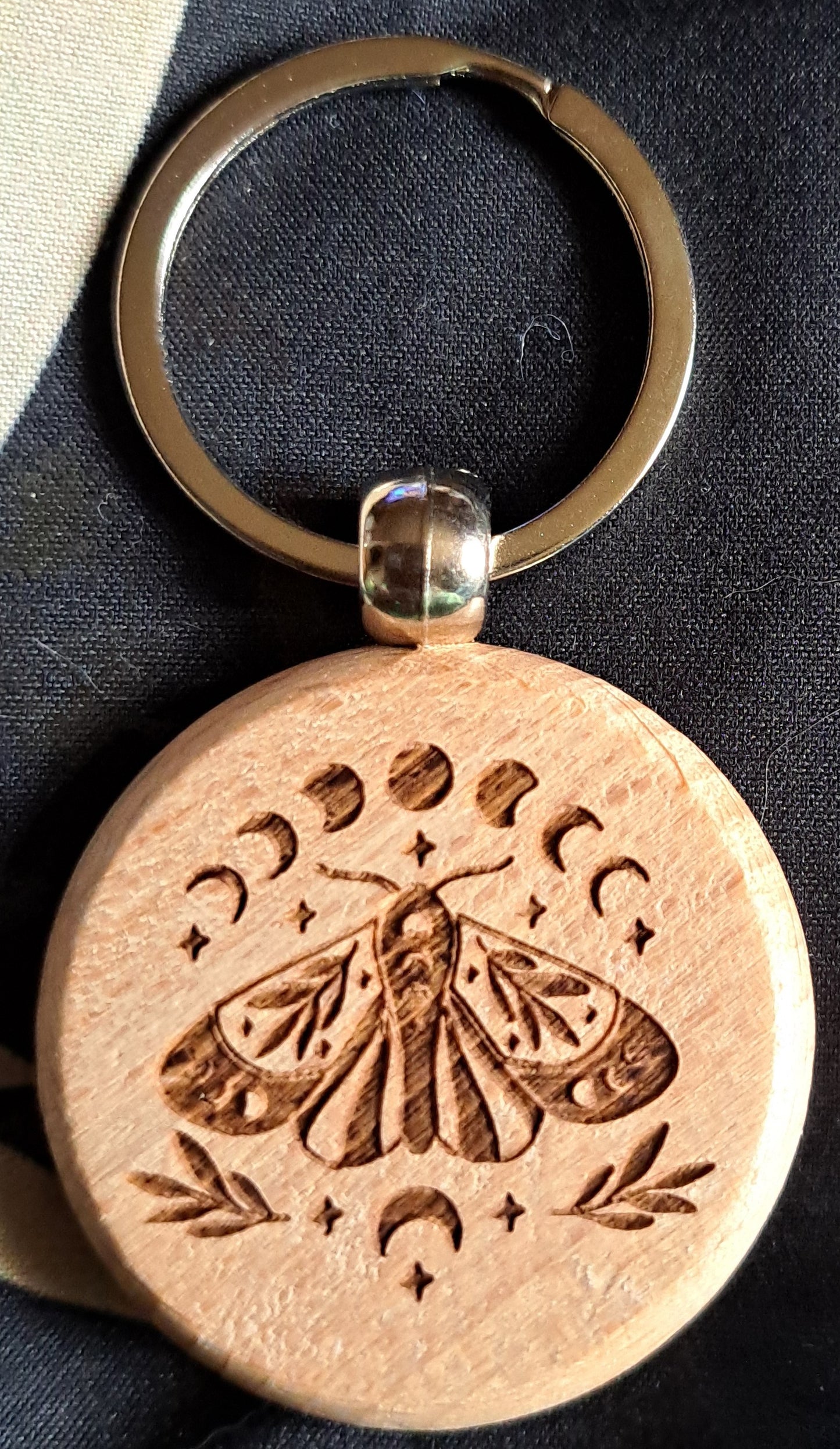 Lunar Moth & Moon Phases Wooden Keychain