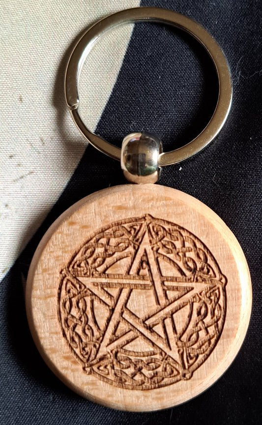 Celtic Pentagram Engraved Wooden Keychain