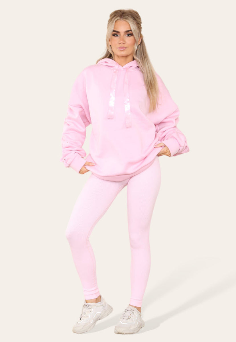 Oversized Ruched Sleeves Hoodie With Satin Ribbon