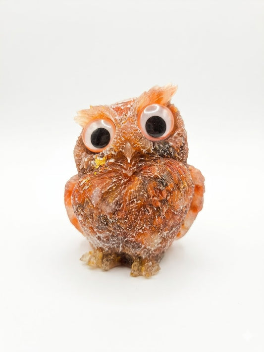 Red Agate & Gold Leaf Resin Owl Figurine