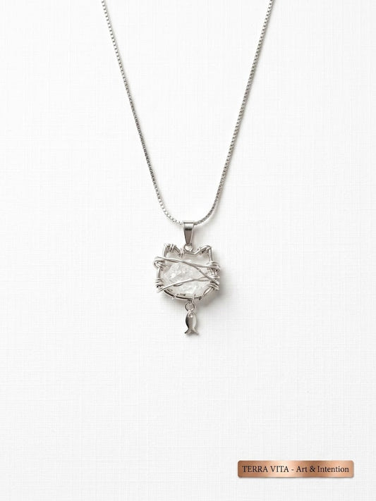 Silver Cat Necklace with real Crystal