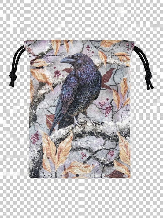 Crow & Autumn Leaves Velvet Drawstring Pouch